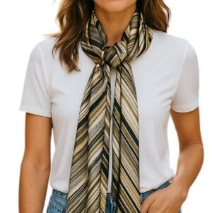 VINTAGE Chevron Pattern Print Satin Rectangular  Scarf Neutral Brown Semi Sheer